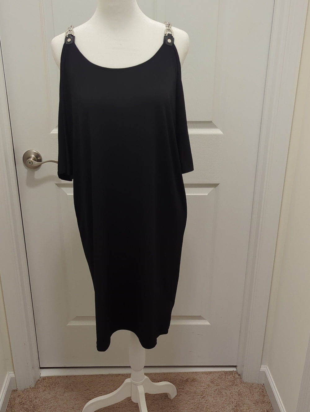 Michael Kors Black Cold-Shoulder Midi Dress with Chain Straps